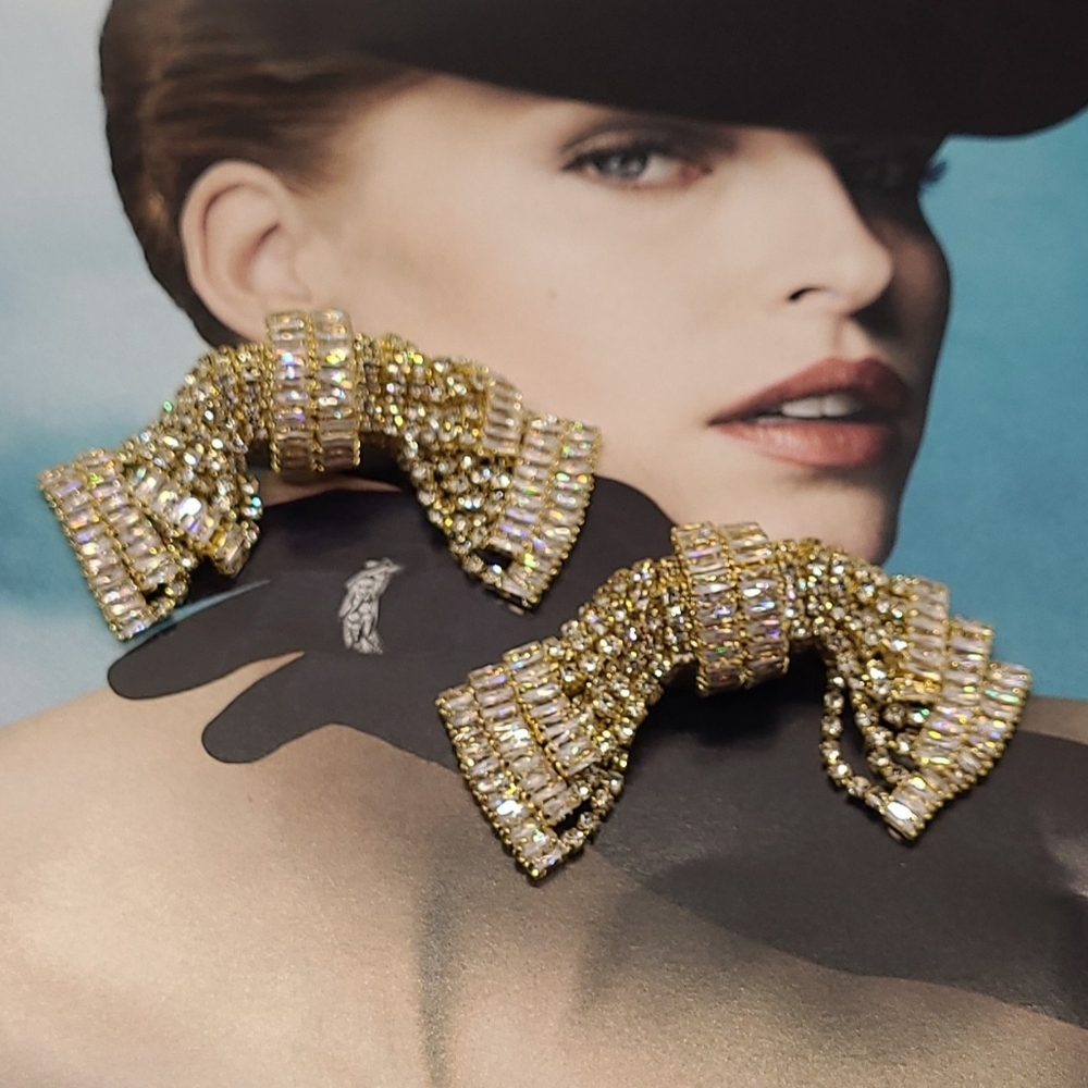 Estate AB Luxury Palace Chic Crystal Exaggerated Bow Gold Dangle Earrings - Picture 12 of 15
